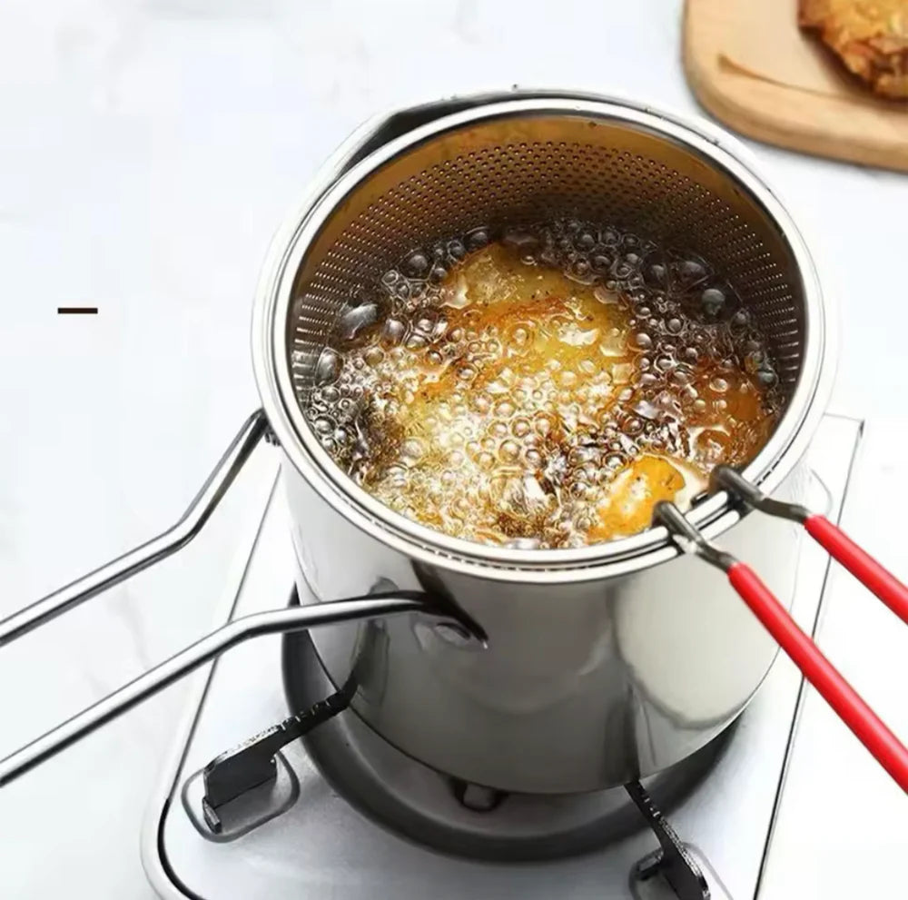 Stainless Steel Deep Fryer Pot with Basket & Strainer – Tempura Frying Pan for Chicken, Fries & Snacks | Multi-Functional Kitchen Frying Tool
