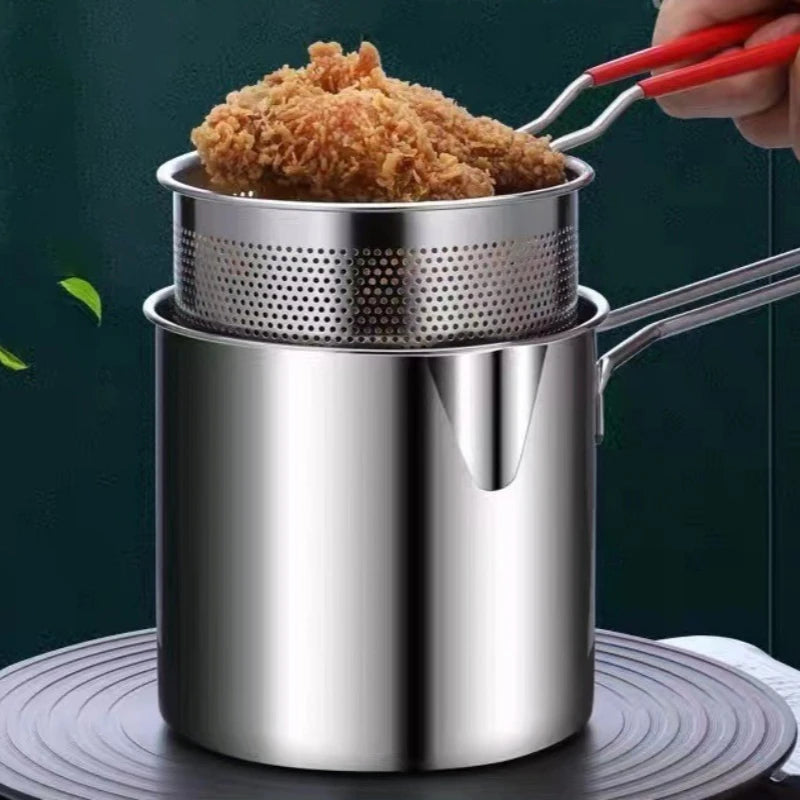 Stainless Steel Deep Fryer Pot with Basket & Strainer – Tempura Frying Pan for Chicken, Fries & Snacks | Multi-Functional Kitchen Frying Tool