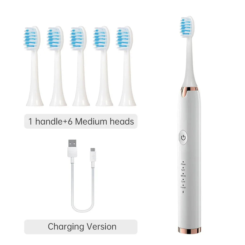 Electric Ultrasonic Toothbrush USB Rechargeable – 6 Speed Sonic Whitening Toothbrush, Waterproof Automatic Adult Tooth Cleaner, Soft Bristle Tooth Brush with Replacement Heads, Couple Set Dental Care