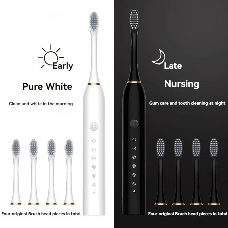 White and black electric toothbrushes with bristle heads on a white background