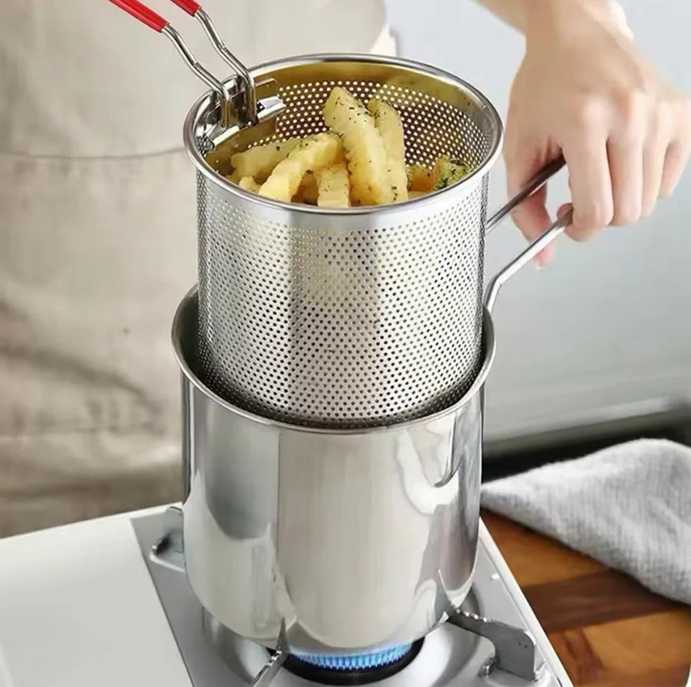 Stainless Steel Deep Fryer Pot with Basket & Strainer – Tempura Frying Pan for Chicken, Fries & Snacks | Multi-Functional Kitchen Frying Tool