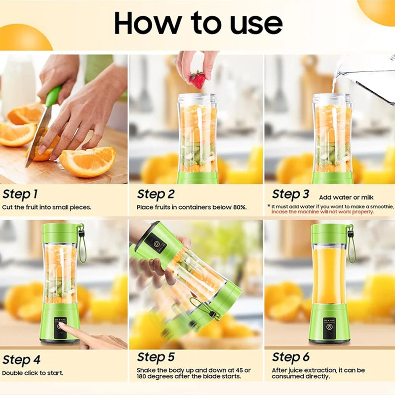 USB Rechargeable Mini Juicer Blender 380ml – Portable Electric Smoothie & Juice Maker, 6-Blade Personal Blender for Fruits, Milkshake & Travel Use