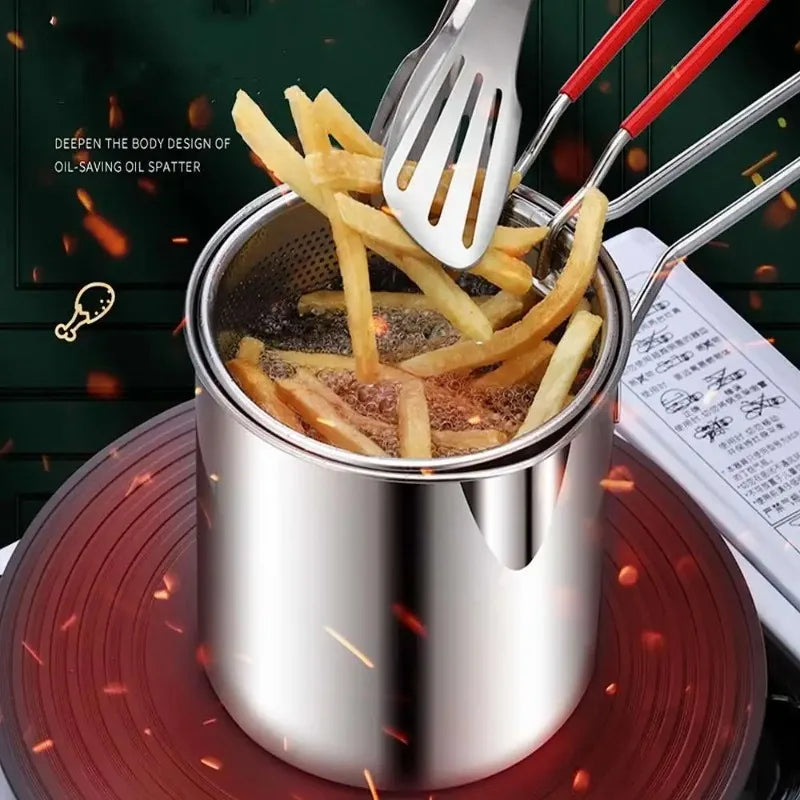 Stainless Steel Deep Fryer Pot with Basket & Strainer – Tempura Frying Pan for Chicken, Fries & Snacks | Multi-Functional Kitchen Frying Tool
