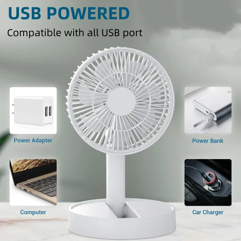 Telescopic Folding Fan | Mini Portable Electric Desk Fan | Rechargeable Adjustable Table Fan | Silent Personal Cooling Fan with Mobile Stand | Multifunction Summer Desk Fan for Home & Office