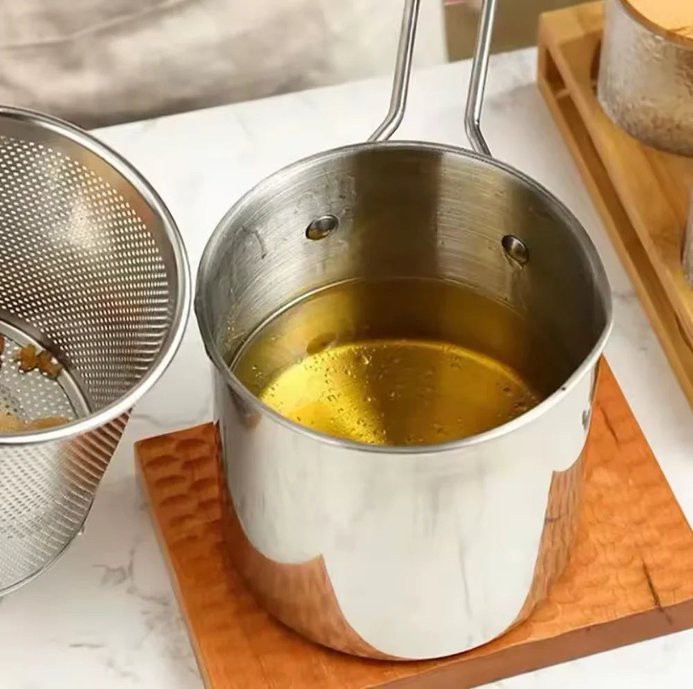 Stainless Steel Deep Fryer Pot with Basket & Strainer – Tempura Frying Pan for Chicken, Fries & Snacks | Multi-Functional Kitchen Frying Tool