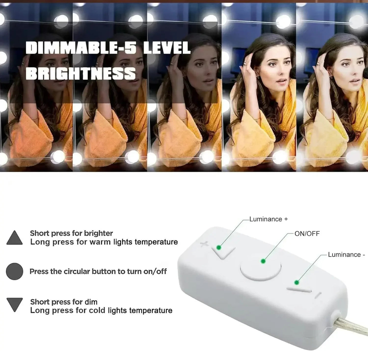 10 Bulb LED Vanity Lights for Makeup Mirror – USB Powered Hollywood Style Dressing Table Mirror Lights, Detachable Dimmable Cosmetic Mirror Lamp Kit for Professional Makeup Lighting