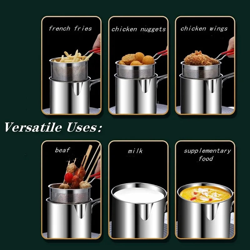 Stainless Steel Deep Fryer Pot with Basket & Strainer – Tempura Frying Pan for Chicken, Fries & Snacks | Multi-Functional Kitchen Frying Tool