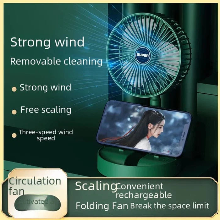 Telescopic Folding Fan | Mini Portable Electric Desk Fan | Rechargeable Adjustable Table Fan | Silent Personal Cooling Fan with Mobile Stand | Multifunction Summer Desk Fan for Home & Office