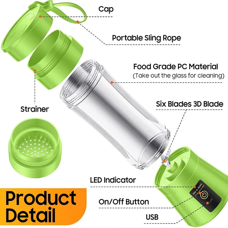 USB Rechargeable Mini Juicer Blender 380ml – Portable Electric Smoothie & Juice Maker, 6-Blade Personal Blender for Fruits, Milkshake & Travel Use