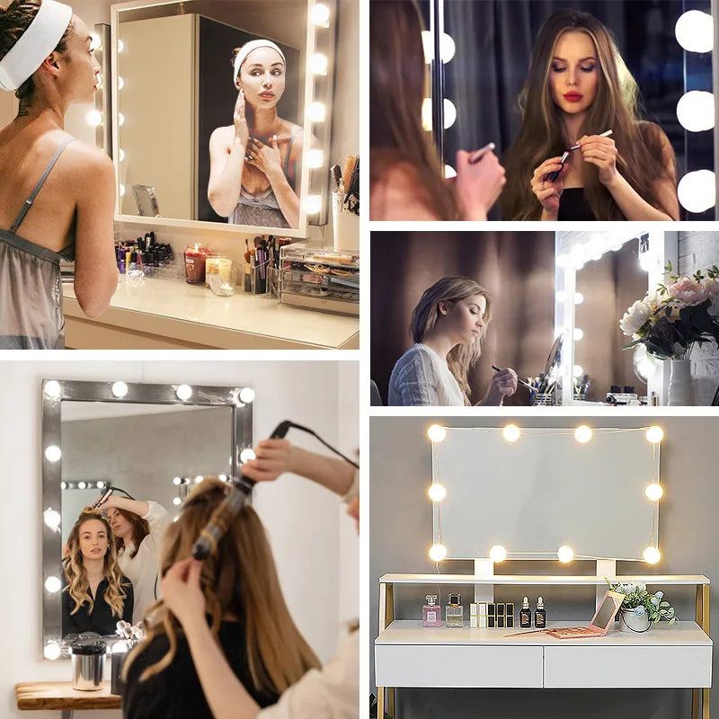 Collage of a woman using a vanity mirror with lights, applying makeup, and styling hair.