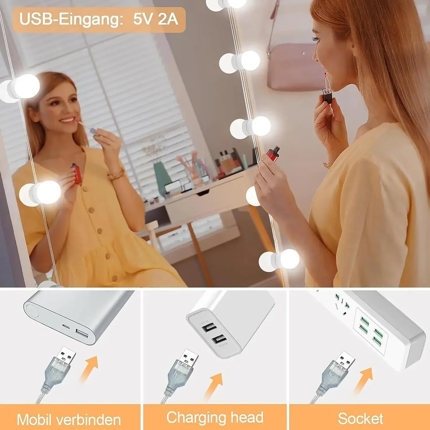 10 Bulb LED Vanity Lights for Makeup Mirror – USB Powered Hollywood Style Dressing Table Mirror Lights, Detachable Dimmable Cosmetic Mirror Lamp Kit for Professional Makeup Lighting
