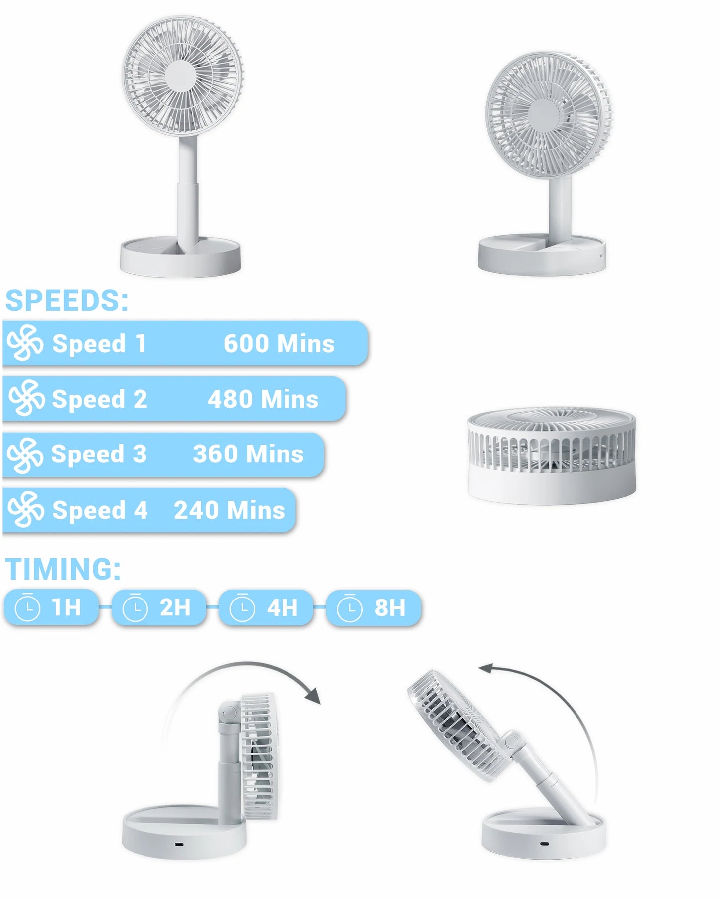 Telescopic Folding Fan | Mini Portable Electric Desk Fan | Rechargeable Adjustable Table Fan | Silent Personal Cooling Fan with Mobile Stand | Multifunction Summer Desk Fan for Home & Office
