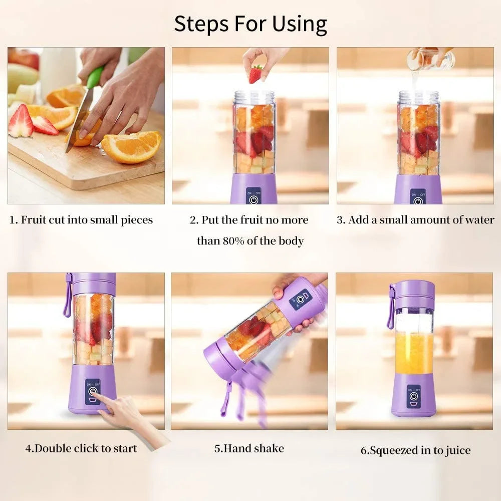 USB Rechargeable Mini Juicer Blender 380ml – Portable Electric Smoothie & Juice Maker, 6-Blade Personal Blender for Fruits, Milkshake & Travel Use