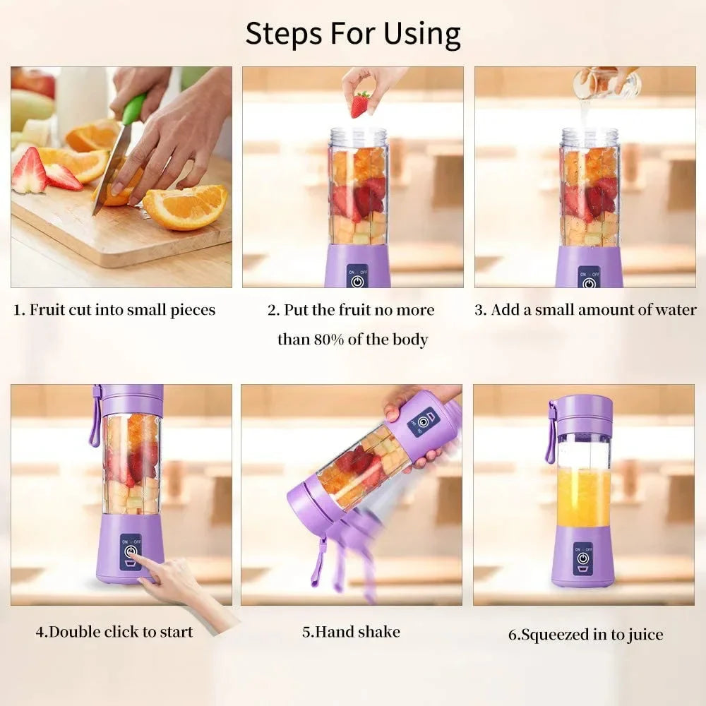 USB Rechargeable Mini Juicer Blender 380ml – Portable 6-Blade Smoothie & Juice Maker