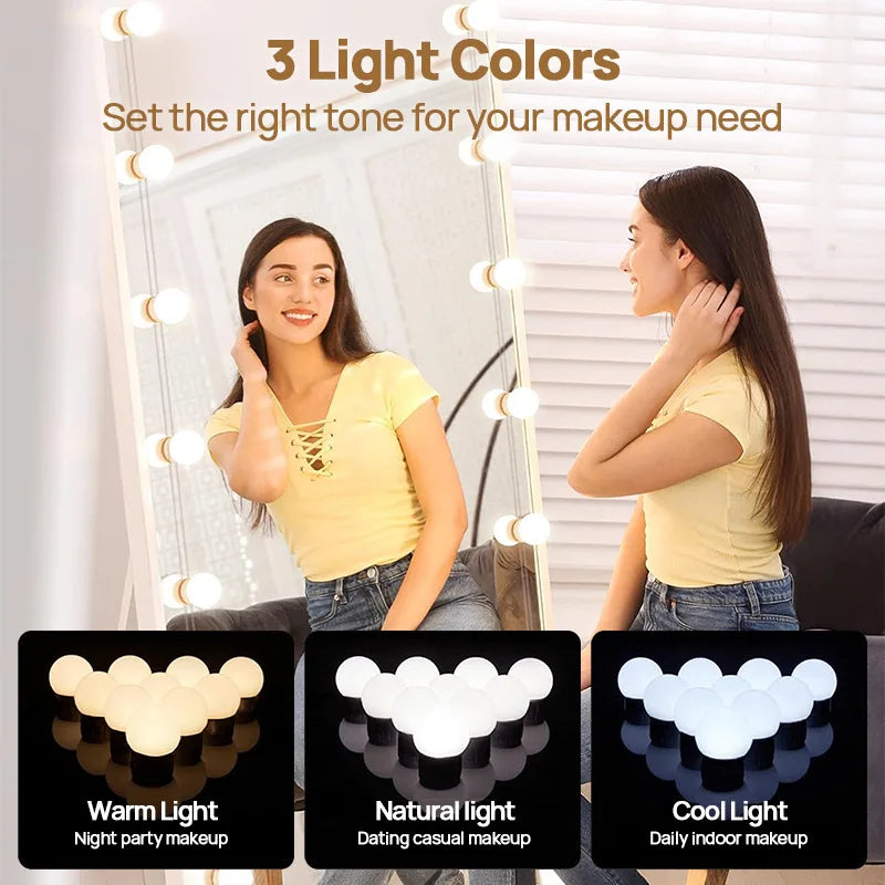 10 Bulb LED Vanity Lights for Makeup Mirror – USB Powered Hollywood Style Dressing Table Mirror Lights, Detachable Dimmable Cosmetic Mirror Lamp Kit for Professional Makeup Lighting