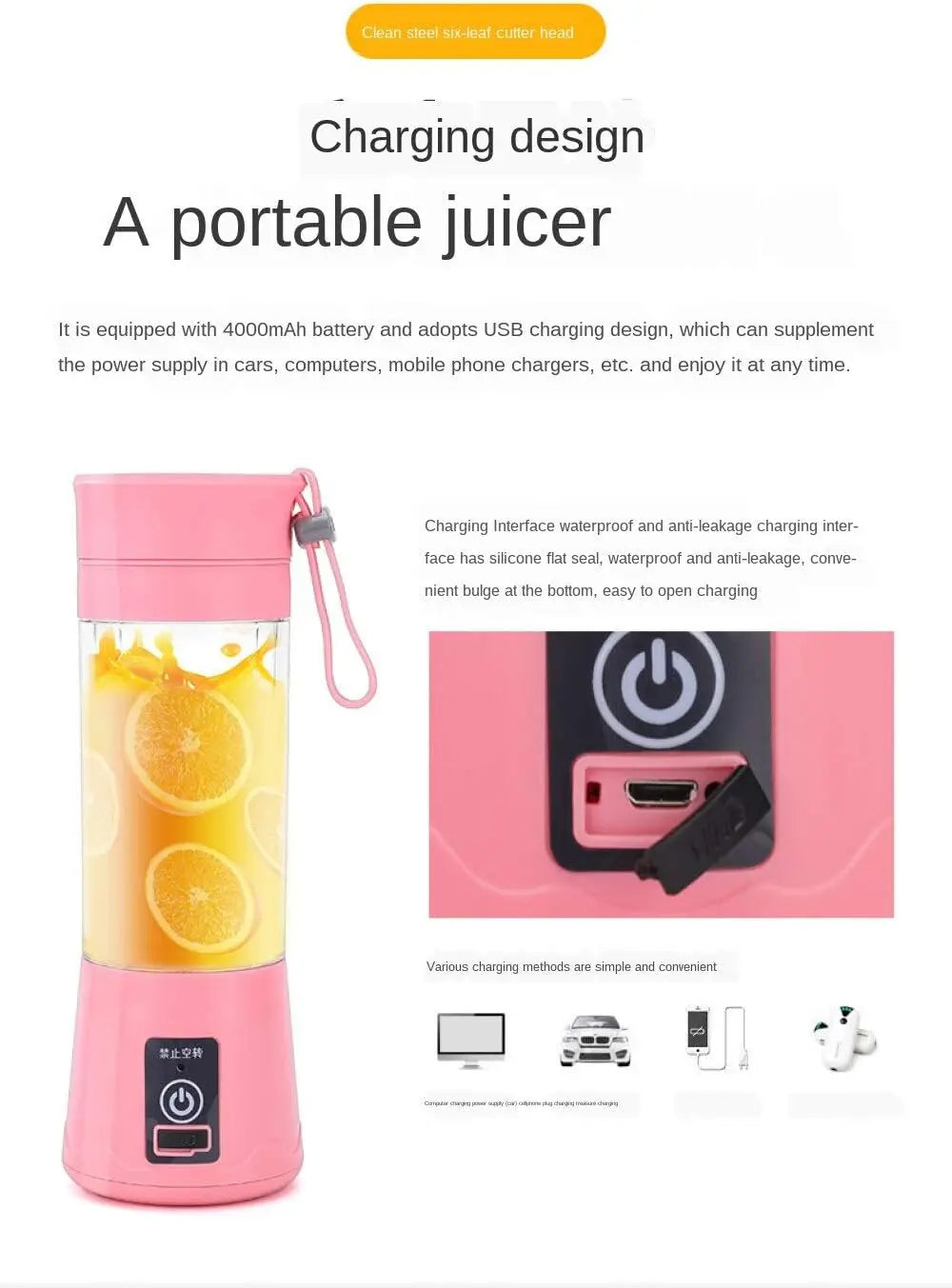 USB Rechargeable Mini Juicer Blender 380ml – Portable Electric Smoothie & Juice Maker, 6-Blade Personal Blender for Fruits, Milkshake & Travel Use