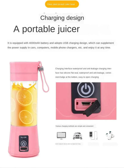 USB Rechargeable Mini Juicer Blender 380ml – Portable 6-Blade Smoothie & Juice Maker