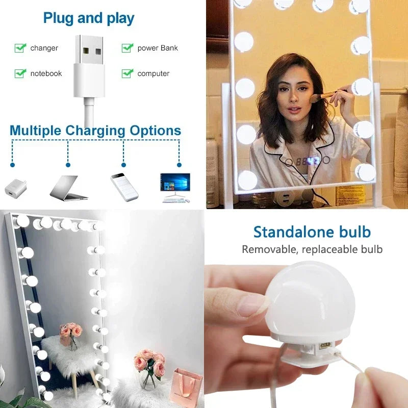 10 Bulb LED Vanity Lights for Makeup Mirror – USB Powered Hollywood Style Dressing Table Mirror Lights, Detachable Dimmable Cosmetic Mirror Lamp Kit for Professional Makeup Lighting