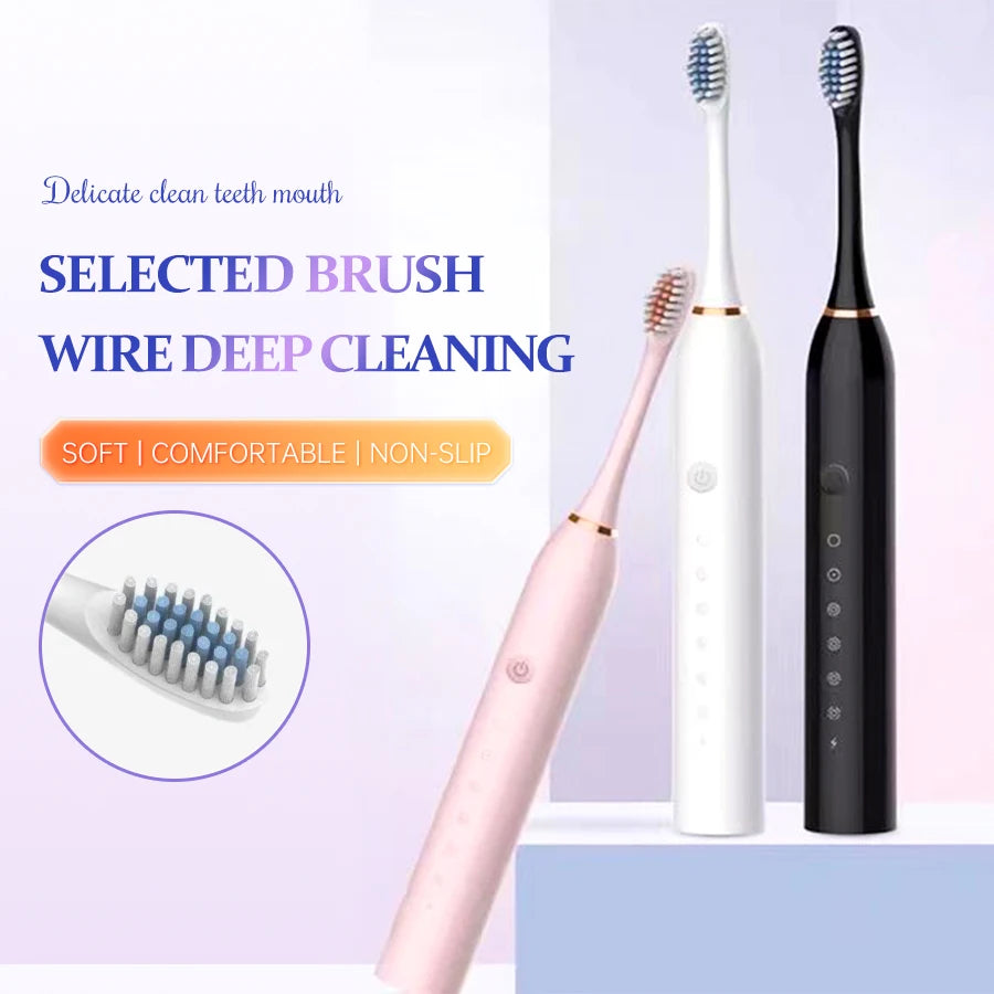 Electric Ultrasonic Toothbrush USB Rechargeable – 6 Speed Sonic Whitening Toothbrush, Waterproof Automatic Adult Tooth Cleaner, Soft Bristle Tooth Brush with Replacement Heads, Couple Set Dental Care