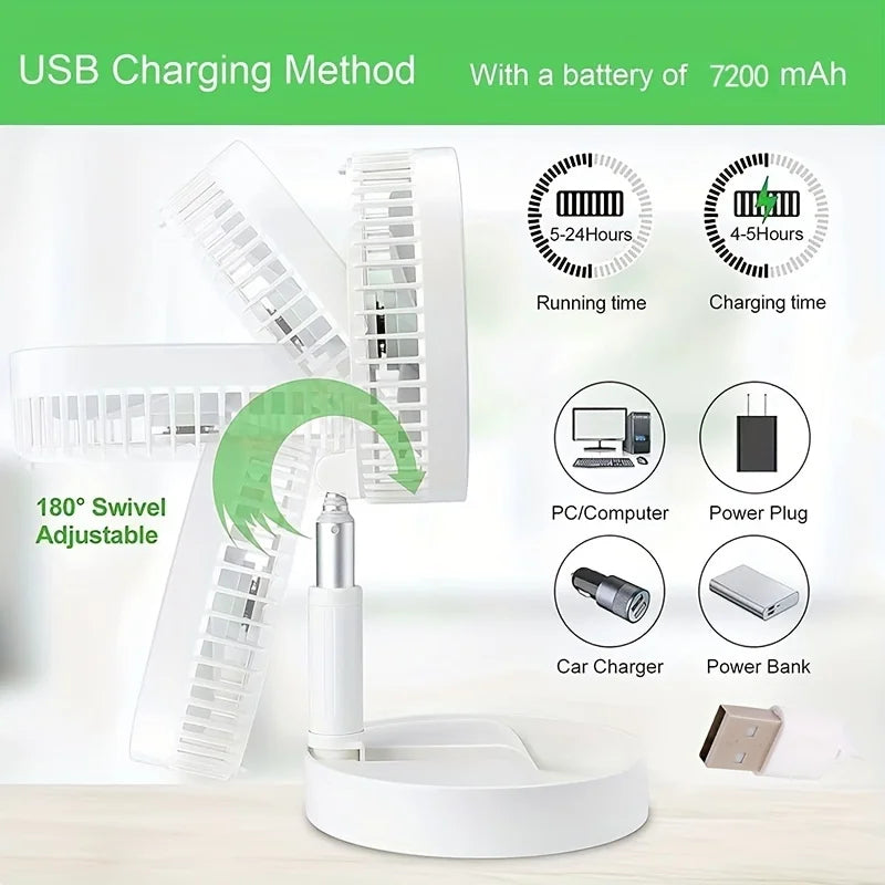Telescopic Folding Fan | Mini Portable Electric Desk Fan | Rechargeable Adjustable Table Fan | Silent Personal Cooling Fan with Mobile Stand | Multifunction Summer Desk Fan for Home & Office