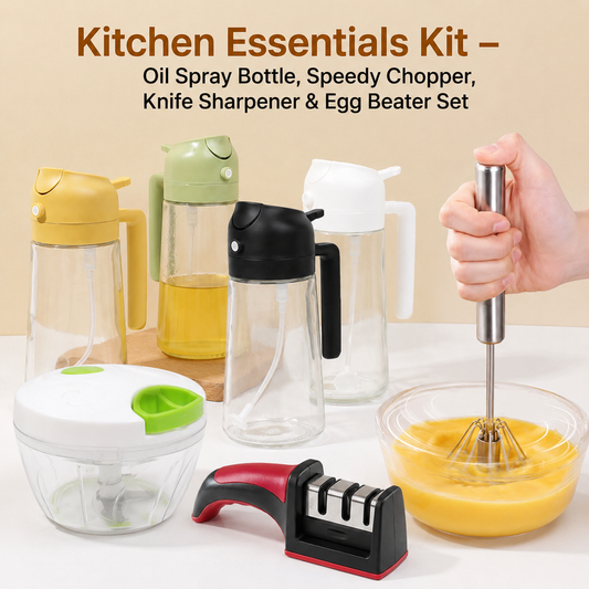 Kitchen Essentials Kit – Oil Spray Bottle, Speedy Chopper, Knife Sharpener & Egg Beater Set