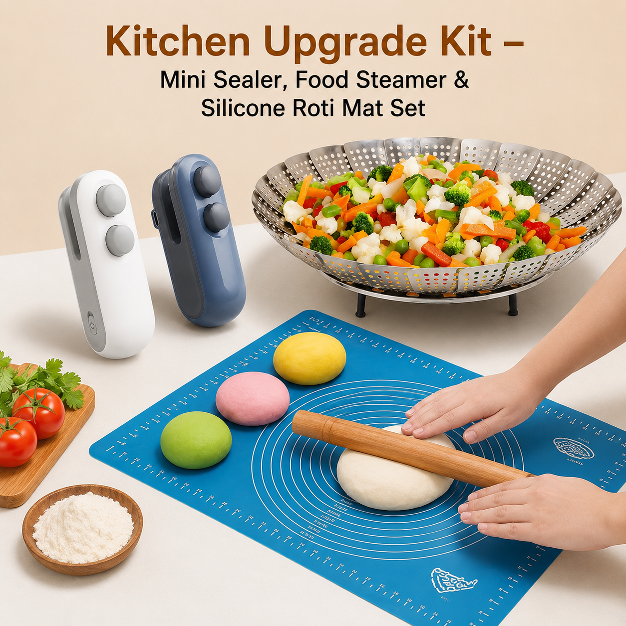 Kitchen Upgrade Kit – Mini Sealer, Food Steamer & Silicone Roti Mat Set