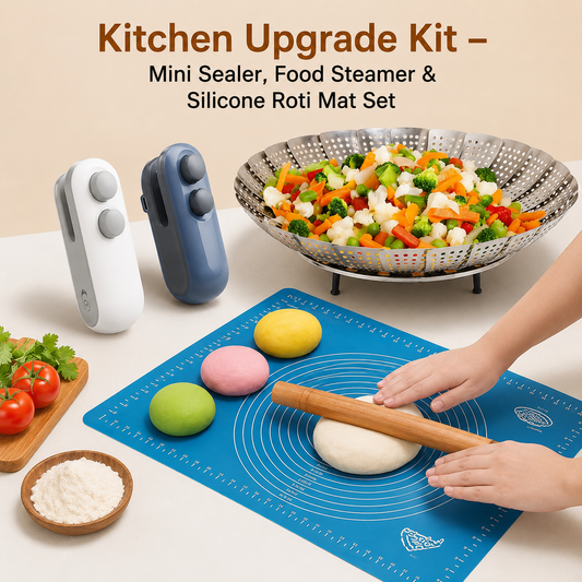 Kitchen Upgrade Kit – Mini Sealer, Food Steamer & Silicone Roti Mat Set