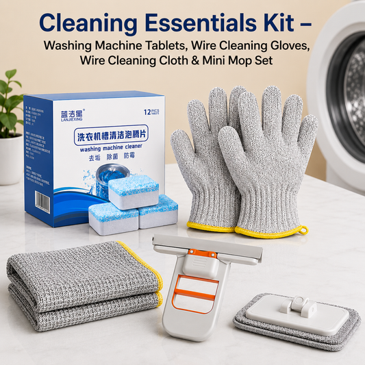 Cleaning Essentials Kit – 12 pcs Washing Machine Tablets, Wire Cleaning Gloves Pack Of 10 , Wire Cleaning Cloth & Mini Mop Set