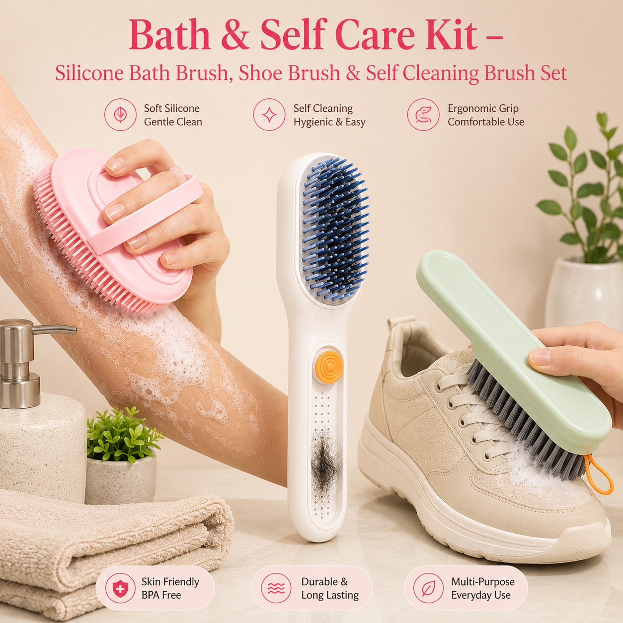 Bath & Self Care Kit – Silicone Bath Brush, Shoe Brush & Self Cleaning Brush Set