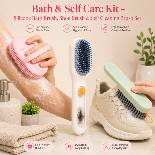 Bath & Self Care Kit – Silicone Bath Brush, Shoe Brush & Self Cleaning Brush Set