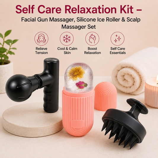 Self Care Relaxation Kit – Facial Gun Massager, Silicone Ice Roller & Scalp Massager Set