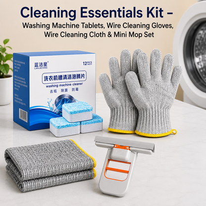 Cleaning Essentials Kit – 12 Washing Machine Tablets, 10 Wire Cleaning Gloves, Wire Cleaning Cloth & Mini Mop