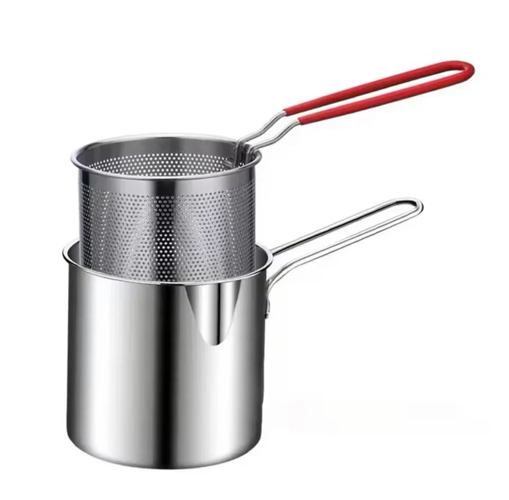 Stainless Steel Deep Fryer Pot with Basket & Strainer – Tempura Frying Pan for Chicken, Fries & Snacks | Multi-Functional Kitchen Frying Tool