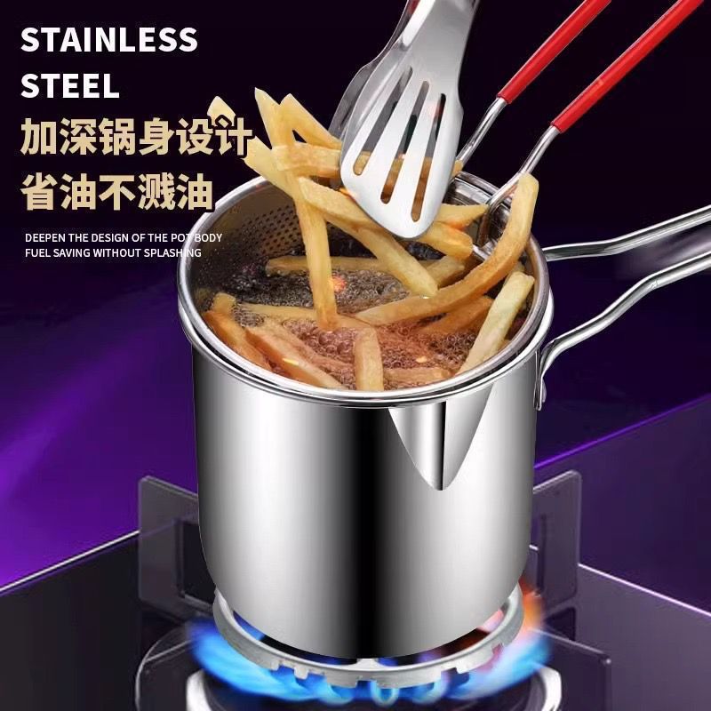 Stainless Steel Deep Fryer Pot with Basket & Strainer – Tempura Frying Pan for Chicken, Fries & Snacks | Multi-Functional Kitchen Frying Tool