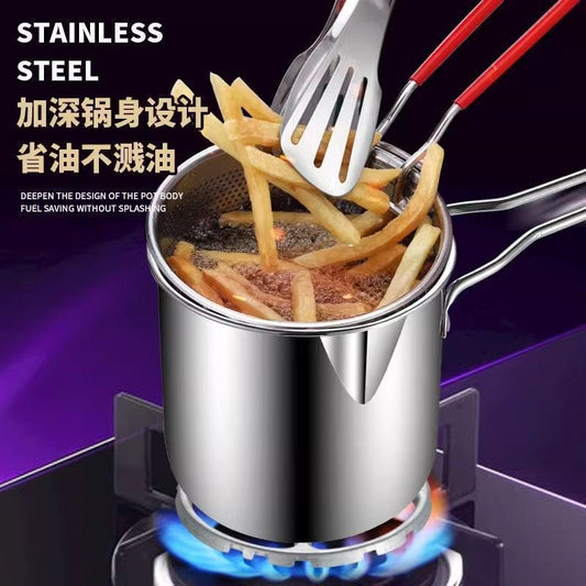 Stainless Steel Deep Fryer Pot with Basket & Strainer – Tempura Frying Pan for Chicken, Fries & Snacks | Multi-Functional Kitchen Frying Tool