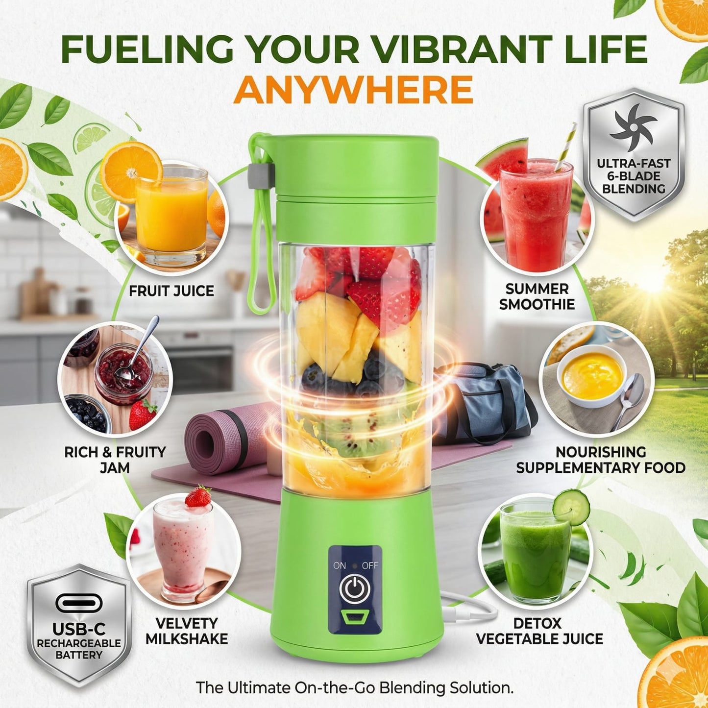 USB Rechargeable Mini Juicer Blender 380ml – Portable Electric Smoothie & Juice Maker, 6-Blade Personal Blender for Fruits, Milkshake & Travel Use