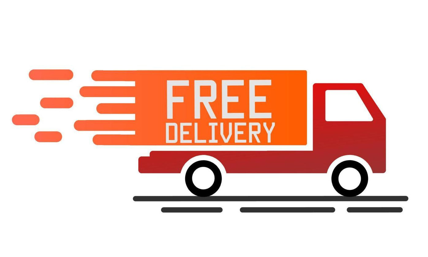 Free delivery truck icon with an orange box and white text on a white background